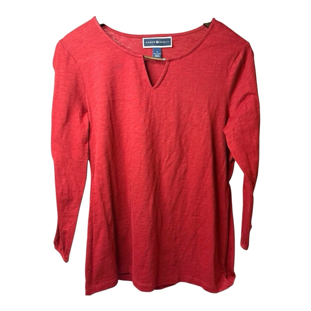 Karen Scott Women's Long Sleeve Henley Top Red Gold Accent Size Small